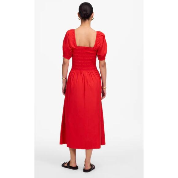 Madewell NWT Women’s Red Smocked Puff Sleeve Midi Dress in Poplin size Small - Picture 9 of 9